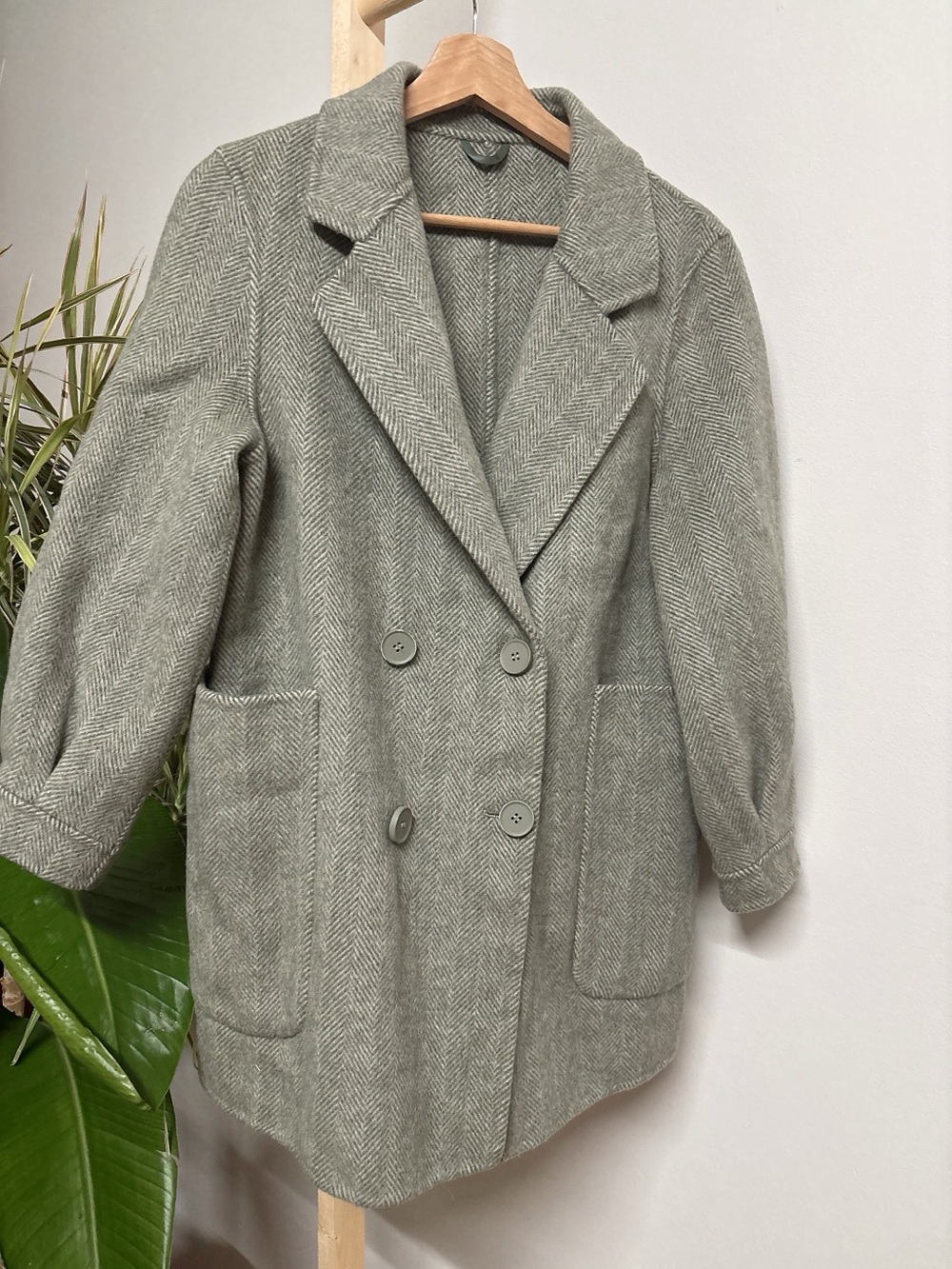 Double-Breasted Herringbone Coat in Grass Green